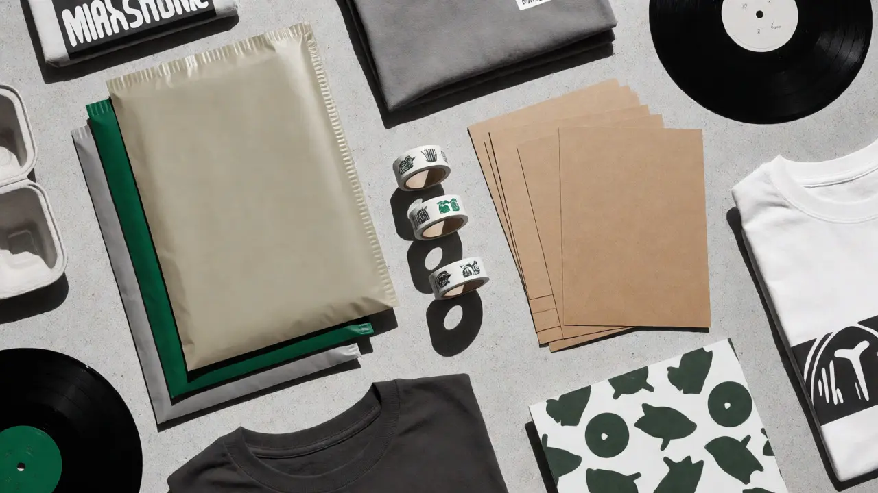 Flat lay of eco-friendly merch packaging materials including mailers, tape, and pulp inserts.