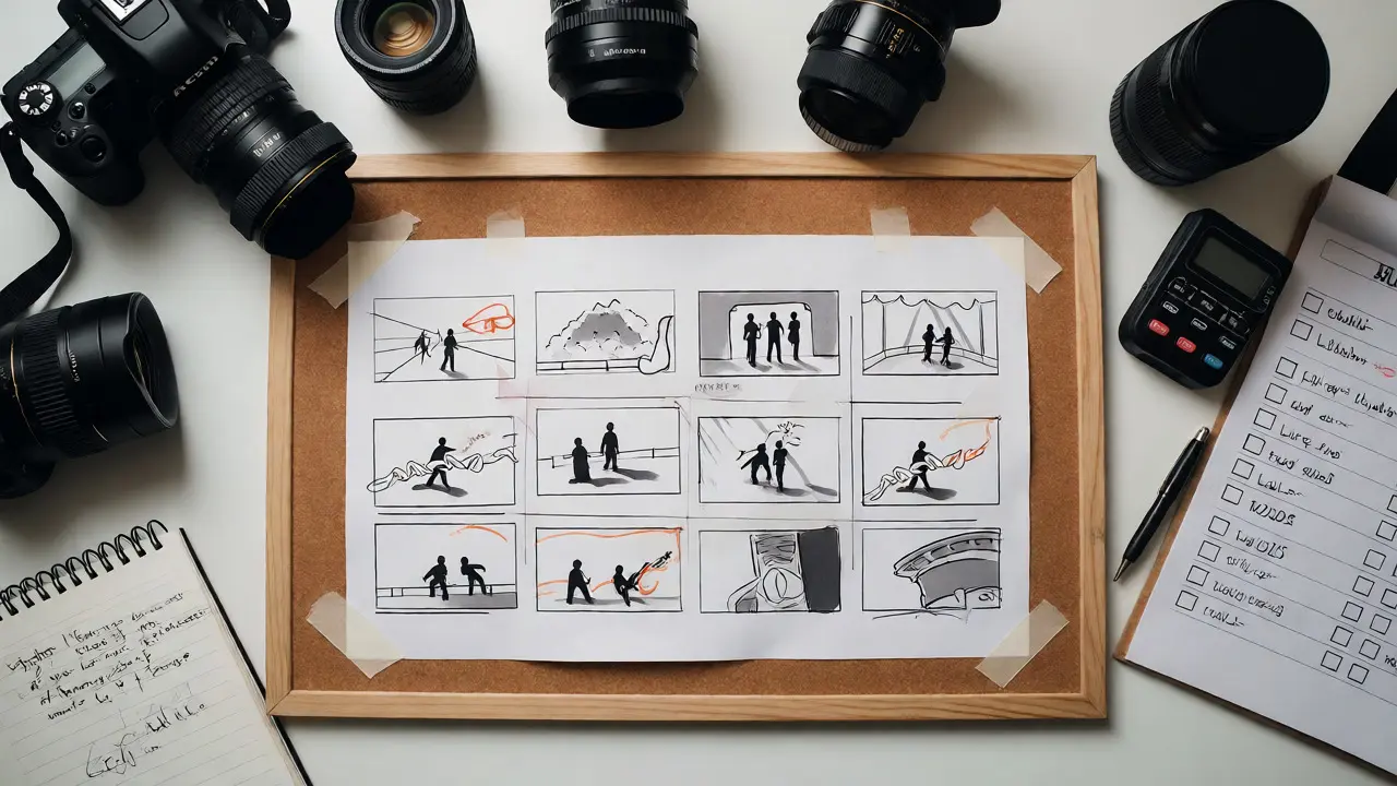 Flat lay of film equipment, lenses, and a detailed storyboard board with a shot list checklist.