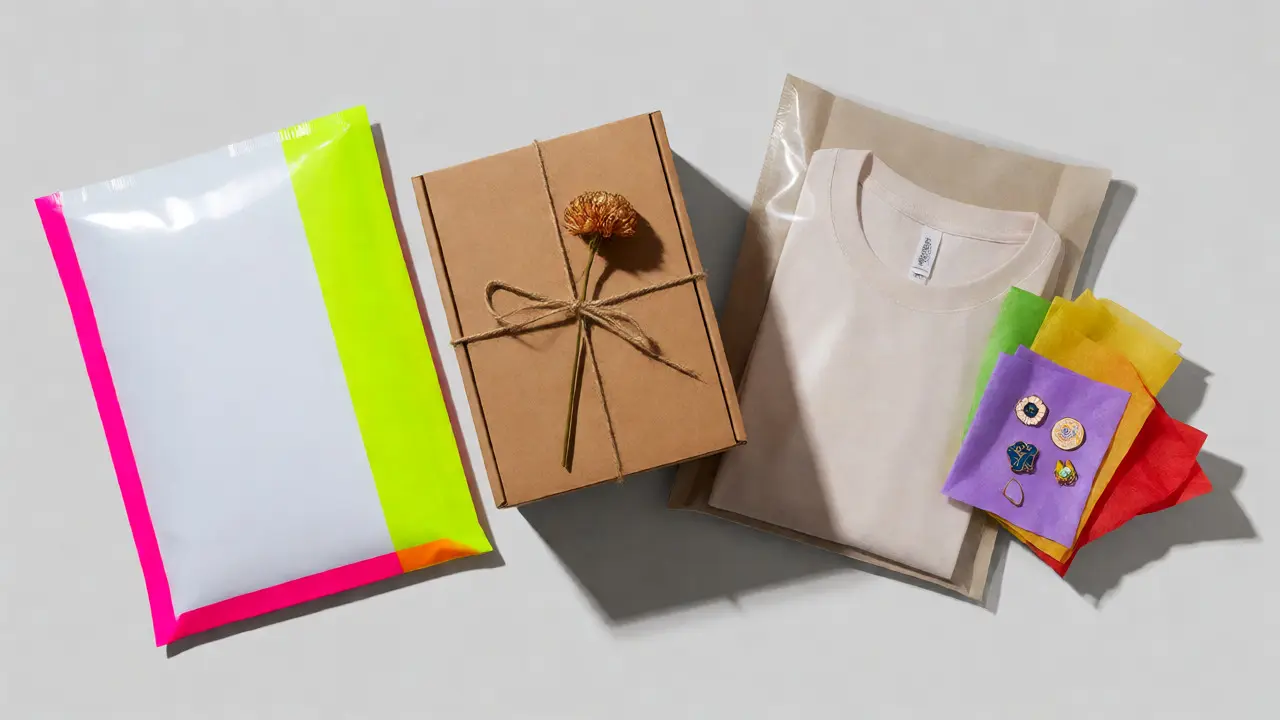 Flat lay of various musician packaging types including rigid mailers and kraft boxes