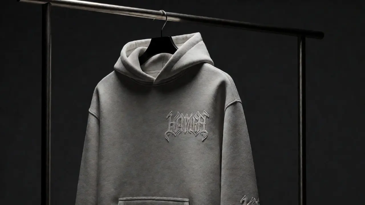 Grey hoodie with detailed embroidered logo on left chest