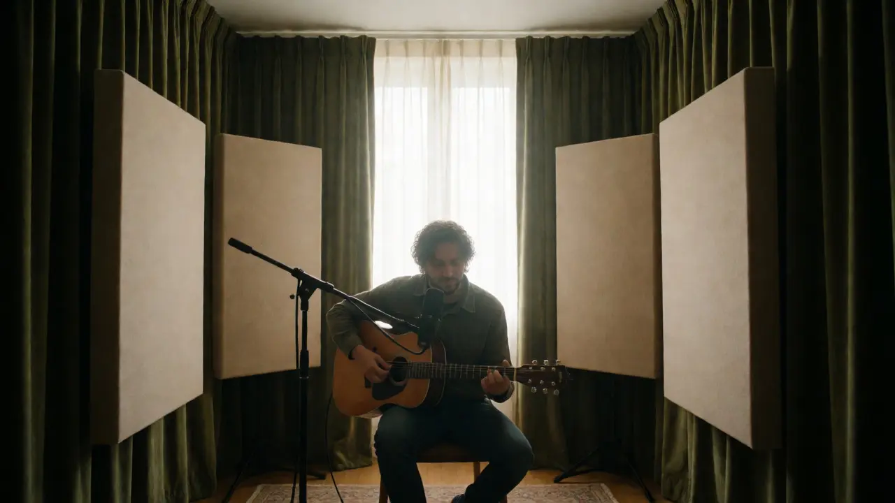 Guitarist recording in a small, acoustically treated room with soft lighting.
