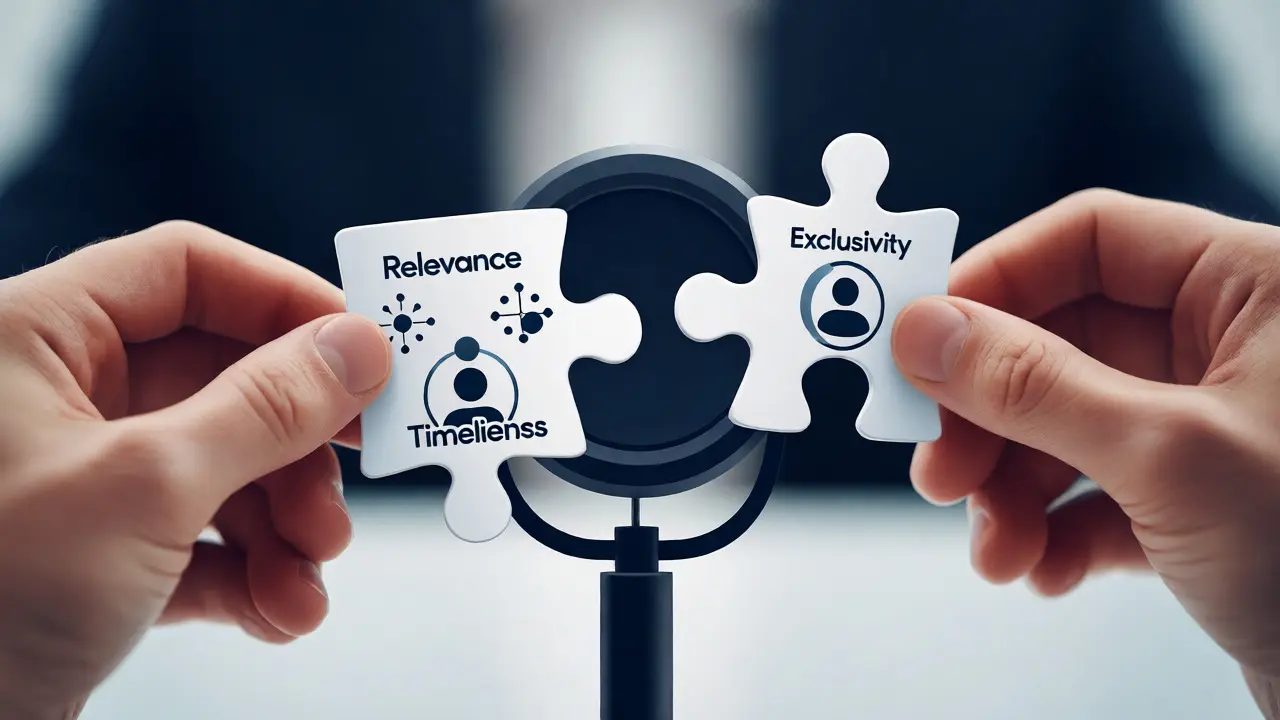 Hands assembling puzzle pieces representing relevance, timeliness, and exclusivity.