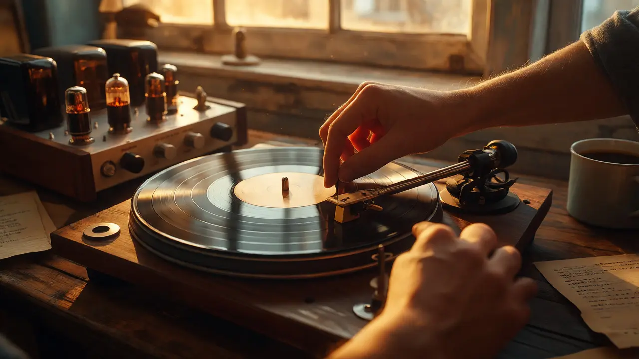 Hands placing needle on vinyl on desk with tube amp