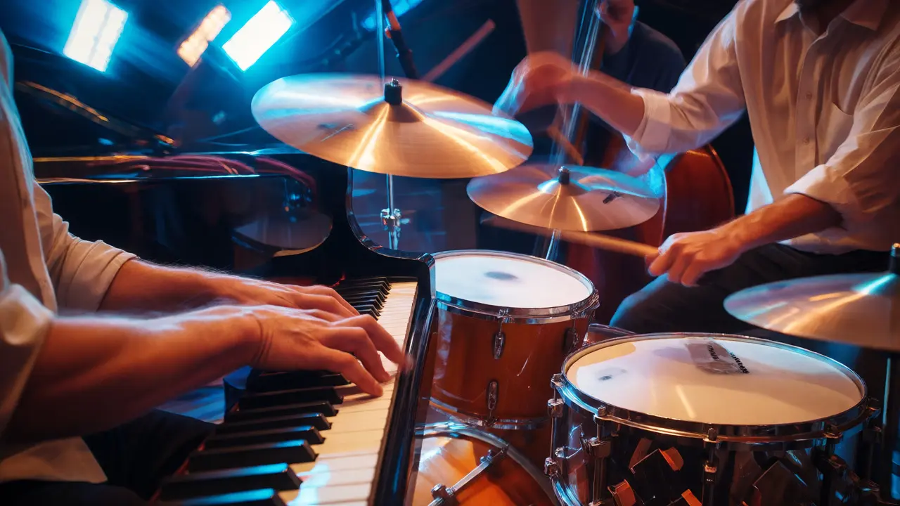 Jazz trio performing with high energy and motion blur