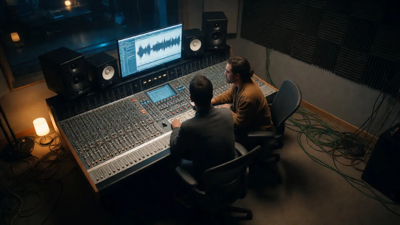 Music producers analyzing audio waveforms in a dimly lit studio
