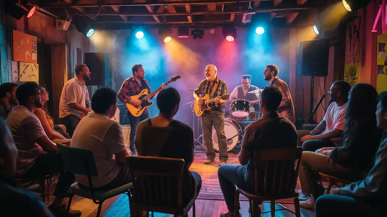 Musicians collaborating during an energetic open mic night session