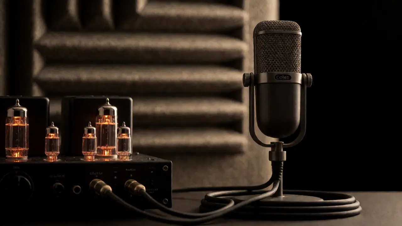 Ribbon microphone next to a glowing tube preamp in a studio setting.