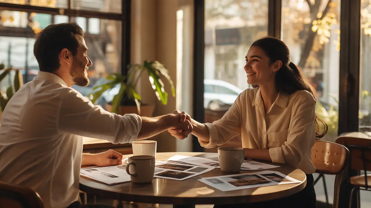 Two professionals shaking hands warmly at a cafe table with printed materials nearby.