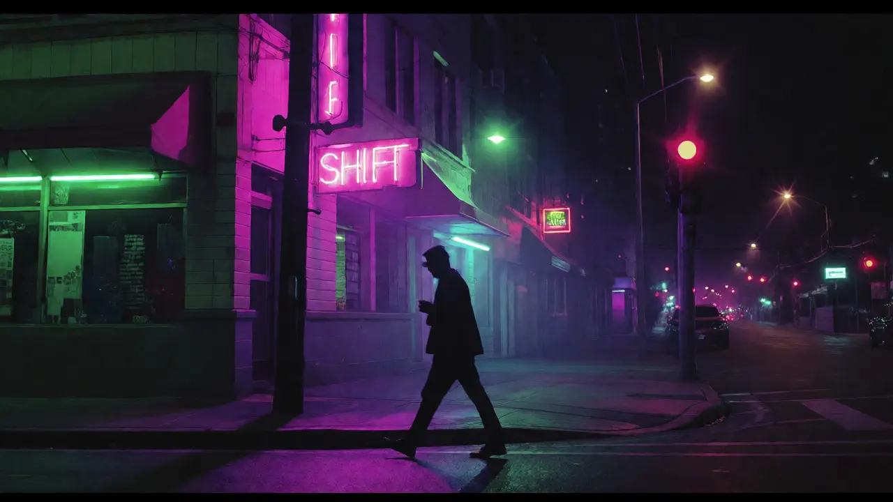 Urban night scene with neon green and purple lights